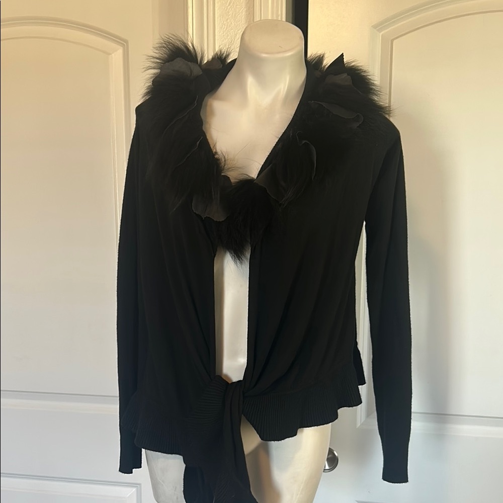 Luxurious Black Knit Cardigan with Fluffy Fur Trim